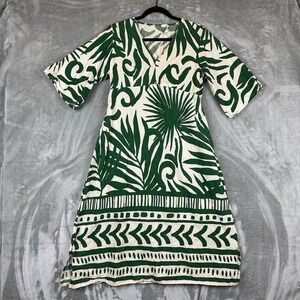 Lapogee Dress Women's L Green Beige Leaf Print Cotton Linen Pockets